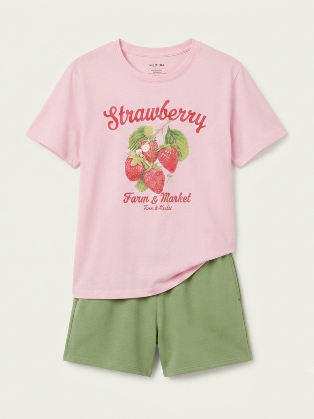 State of Mind Pink Strawberry Graphic Tee & Green Shorts women’s medium